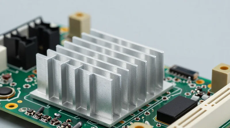 Close up of an industrial PCB with thermal paste and heavy duty metallic heat sinks