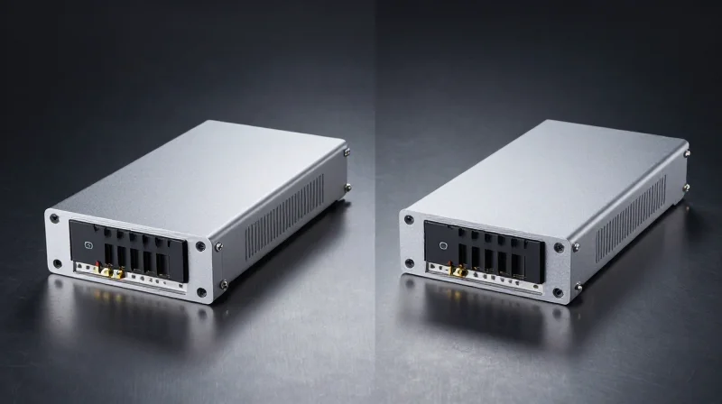 Side-by-side comparison of two industrial electronic modules on a sleek dark surface
