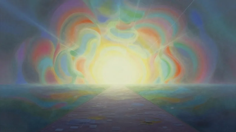 Conceptual image of a path leading towards a glowing futuristic city skyline