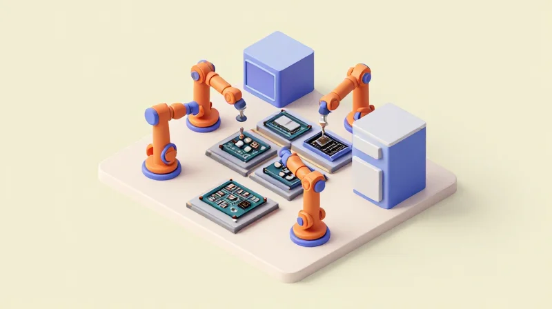 Isometric view of a modern PCB manufacturing facility, showing precision assembly modules.