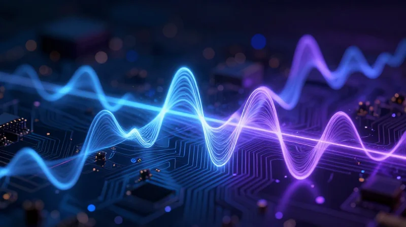 Abstract visualization of electromagnetic wave interference in a high-frequency circuit environment.