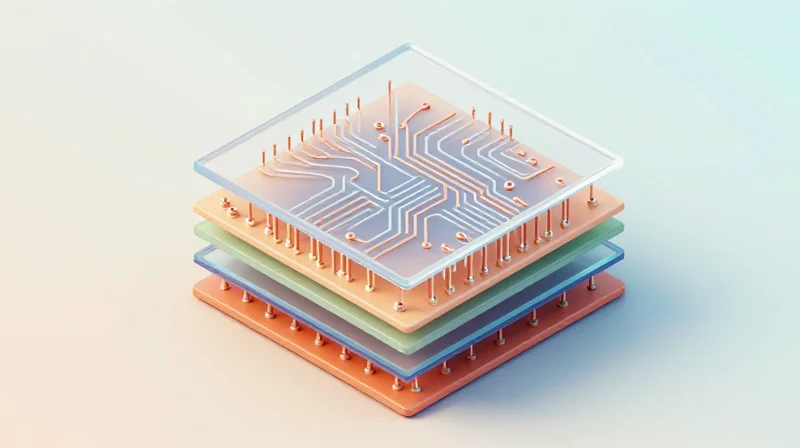 Isometric view of stacked layers of a high-tech printed circuit board.