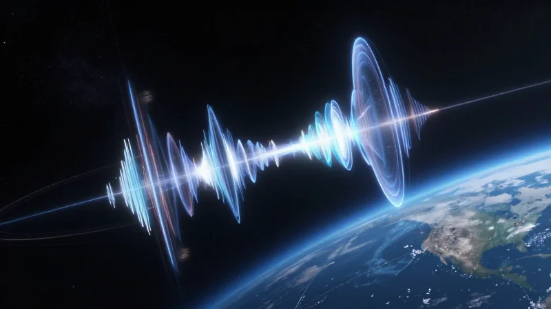 Abstract representation of high-frequency satellite signal waves in space