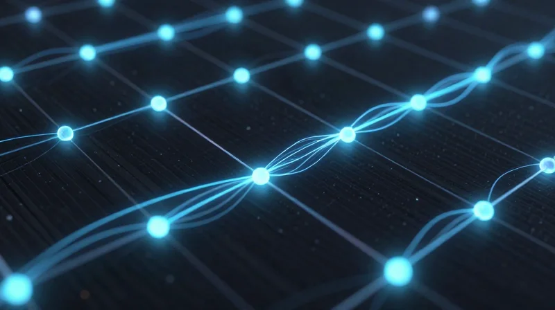 Abstract representation of signal flow and dielectric stability across a circuit board using glowing nodes.