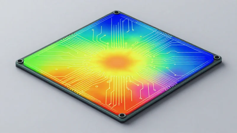 Thermal simulation of a circuit board highlighting heat distribution and material stability.