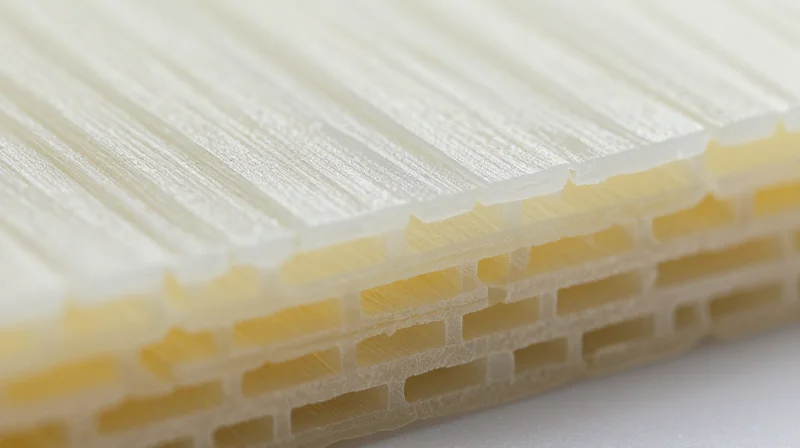 A close-up view of Teflon substrate structure with microscopic material layers