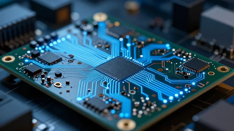 A close-up view of a high-speed PCB showing intricate copper traces and electrical signal paths with glowing energy trails