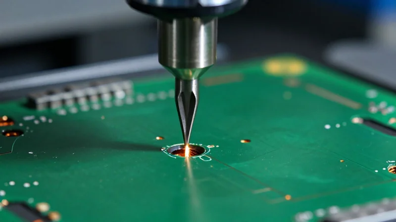 Close-up of a precision industrial drill creating microscopic vias on a green PCB board