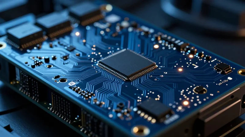 A high-tech printed circuit board with glowing golden signal paths on a dark industrial background.