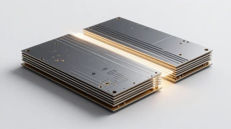 Abstract visualization of layered high-frequency PCB materials demonstrating signal integrity.