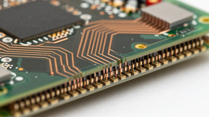 Close-up of a multi-layer printed circuit board showing dielectric and copper layers