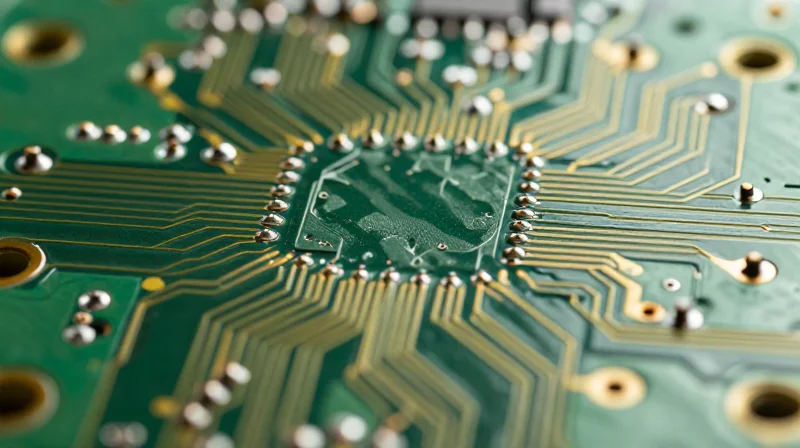 Close-up macro shot of microscopic vias on a green HDI PCB board