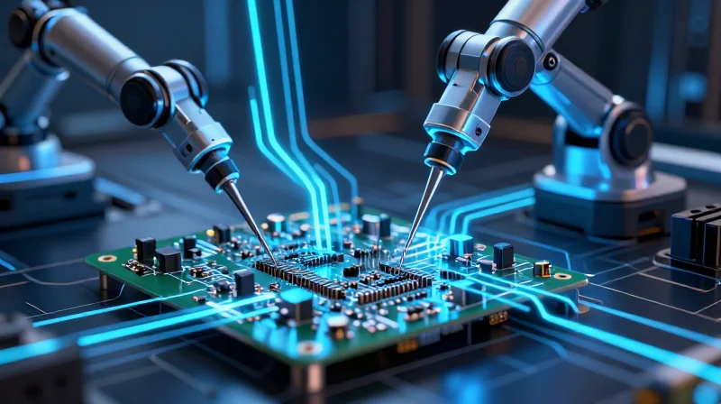 Abstract representation of high-tech testing probes examining a circuit board surface