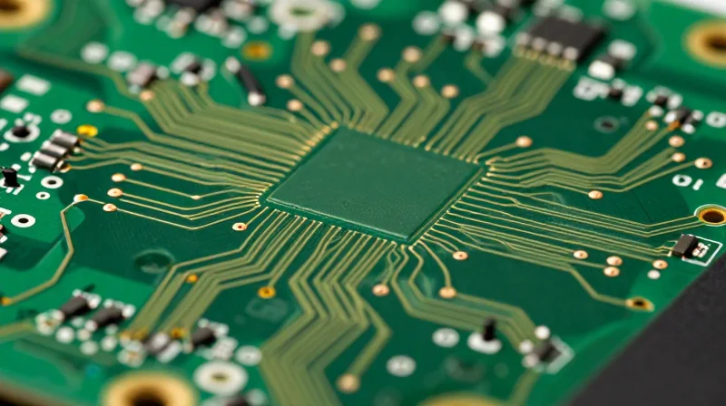 A close-up of a complex high-density interconnect PCB board with intricate circuitry, gold-plated contacts, and modern industrial design.