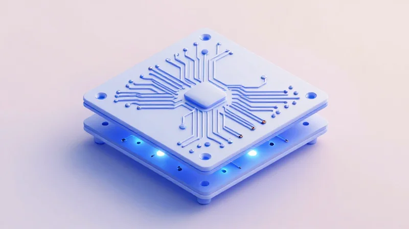 A 3D isometric view showing the layered structure of an HDI PCB highlighting microvias and compact interconnects.