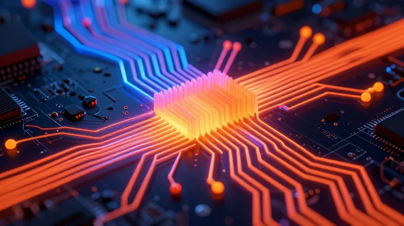 An abstract visualization of heat moving through a printed circuit board with glowing thermal paths.