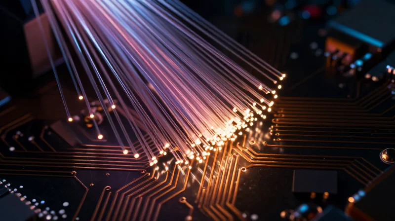 Abstract representation of high-speed data signals flowing through tiny circuit traces.