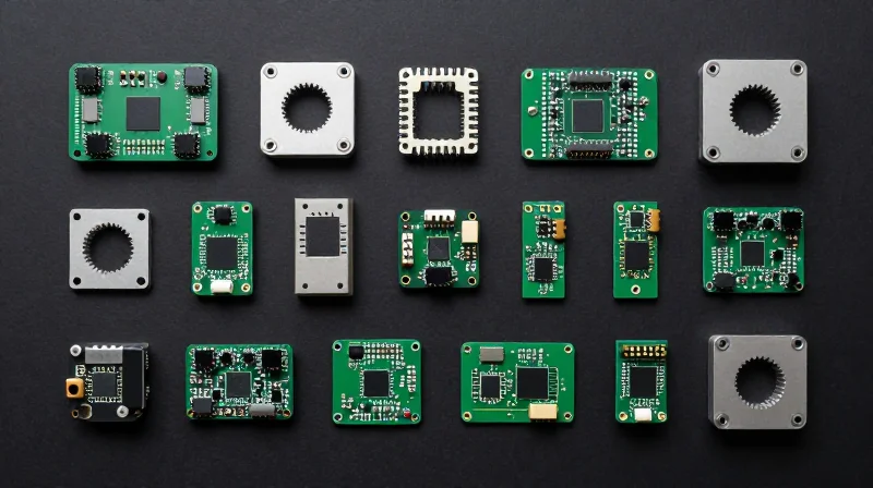 A collection of interconnected modular electronic components shown in an organized flat lay.