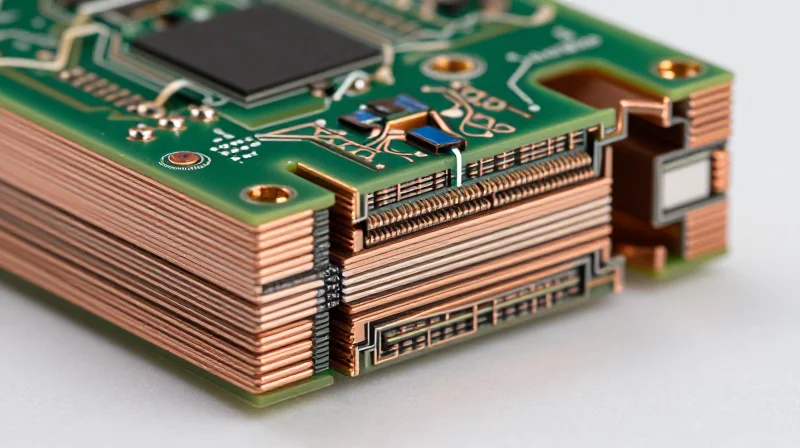 A cross-section of a multi-layer HDI PCB stackup showing distinct copper layers and dielectric materials in a balanced arrangement.