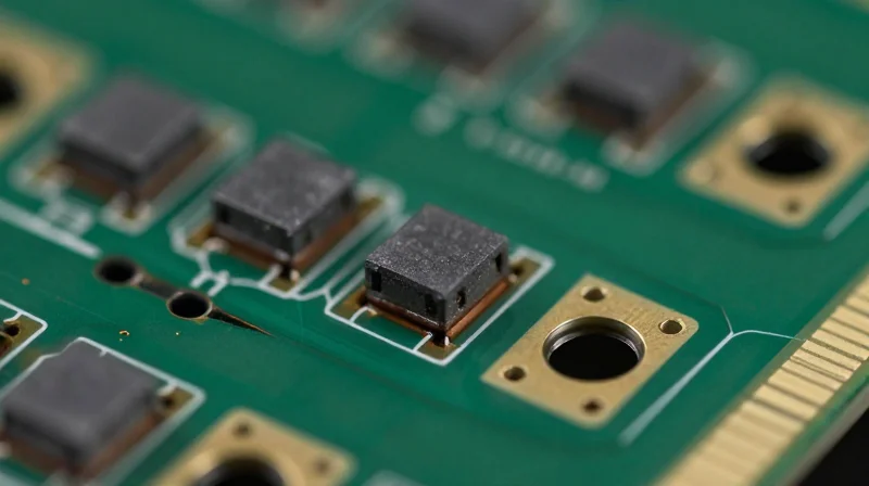 Detailed macro view of laser-drilled microvias on a modern HDI circuit board.