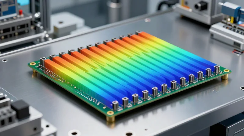 Visualization of thermal dissipation through a compact PCB assembly.
