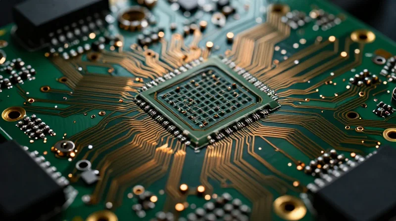 Close-up of a high-density PCB showing intricate microvia structures