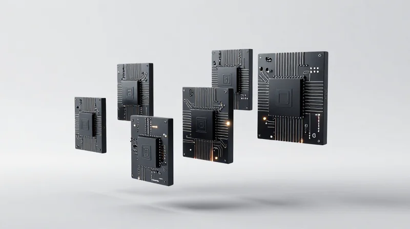 Futuristic electronic hardware components floating in a sleek digital environment