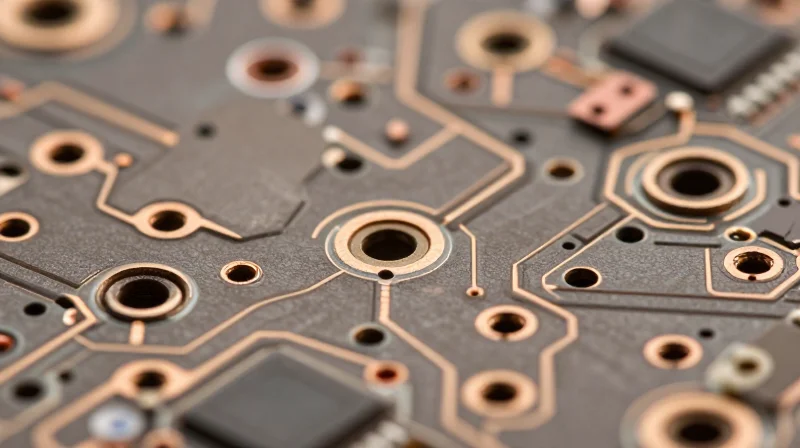 A close-up view of high-precision laser drilled microvias on a multilayer PCB, showing clean circular holes with uniform plating.