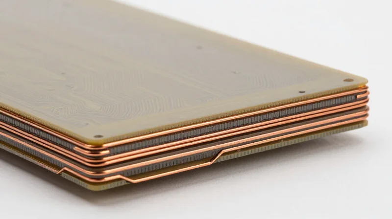 Abstract representation of layered PCB dielectric materials and conductive traces showing signal flow.