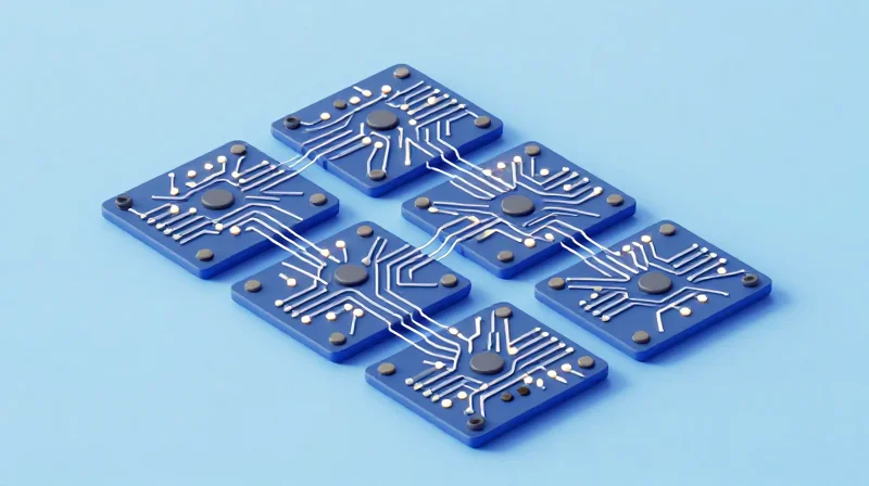 Abstract 3D illustration showing the integration of engineering design modules into a unified circuit layout.