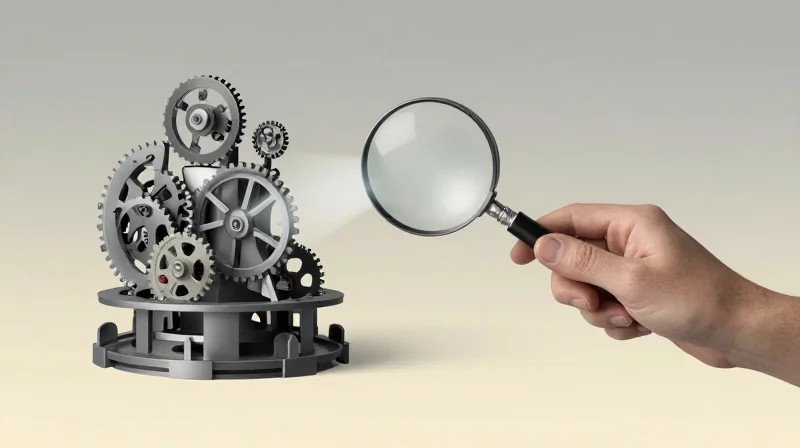 Conceptual artistic illustration of analyzing a complex technical problem using light and focus.