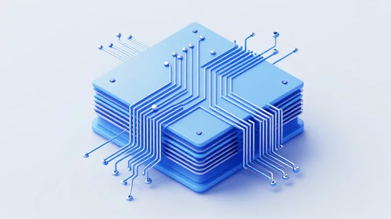Isometric view of high-density PCB internal routing layers showing complex connections.