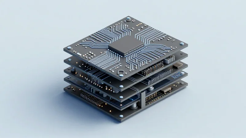 Isometric view of a modern multi-layer HDI circuit board with complex interconnect layers and microvias