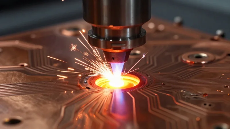 Industrial laser beam hitting a PCB surface for microvia creation