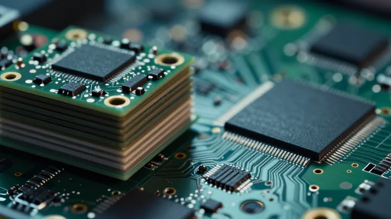 A visual representation showing the evolution from thick traditional multilayer PCBs to thin, modern high-density circuit boards.