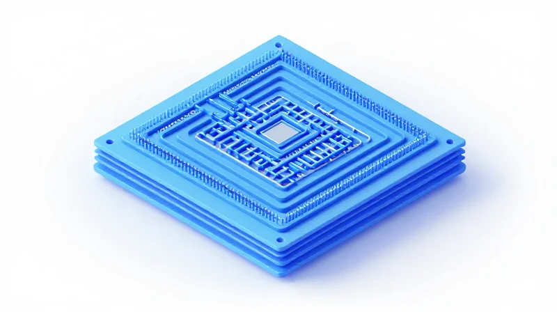 An isometric 3D view of an Any-Layer HDI PCB showing complex microvia structures and vertical interconnects.