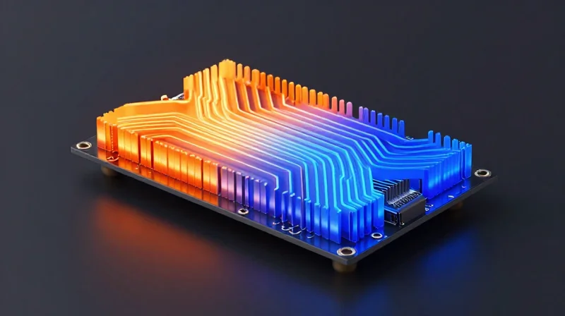 Heat dissipation visualization on a small circuit board, demonstrating efficient thermal transfer.