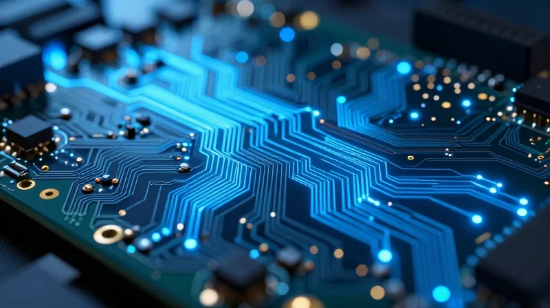 A close-up view of complex high-speed PCB traces with glowing signal patterns.