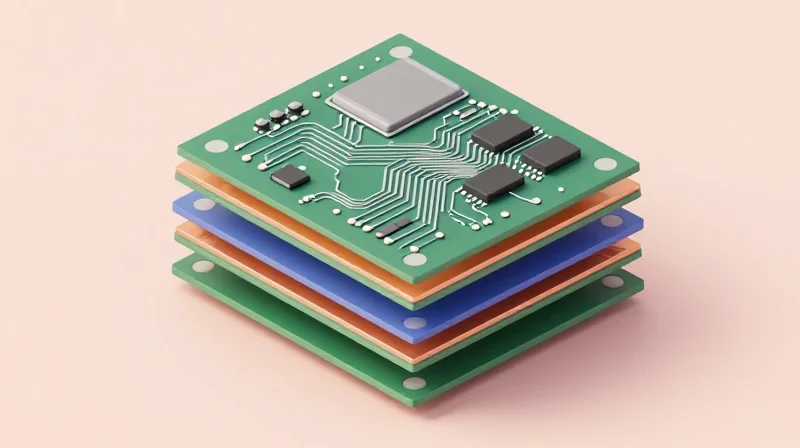 A 3D cross-section view of PCB substrate layers.