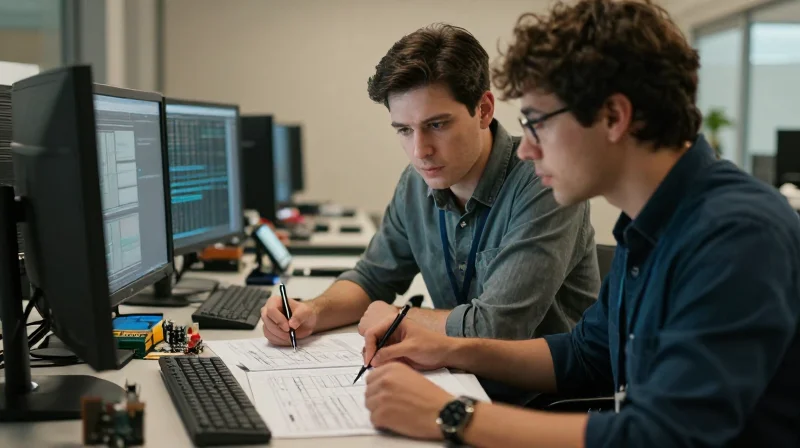 Two people working together on a high-tech engineering schematic.