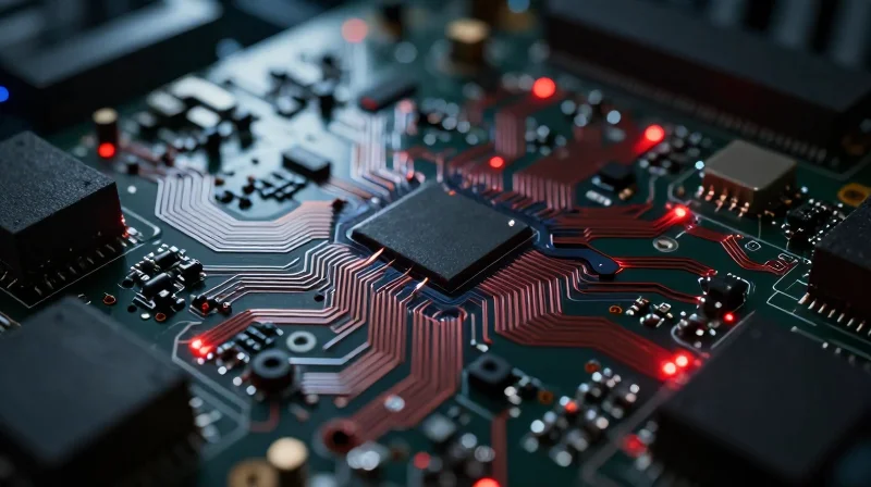 Conceptual visualization of a complex circuit board with glowing red highlights representing errors, set in a modern industrial design environment.