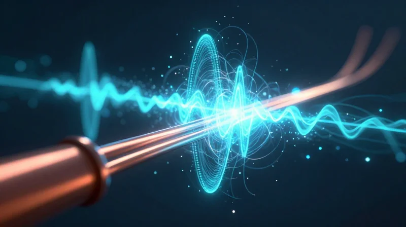 Abstract representation of high-speed signal waves flowing through a transmission line structure.
