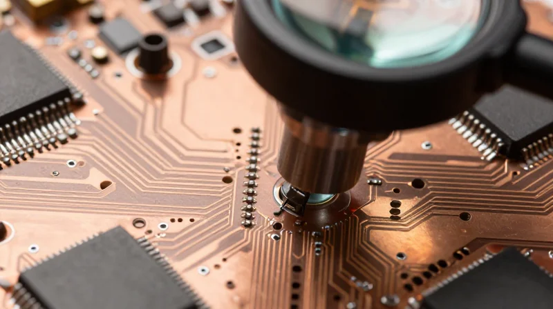 A magnifying lens focusing on a microscopic section of a circuit trace on a green PCB board.
