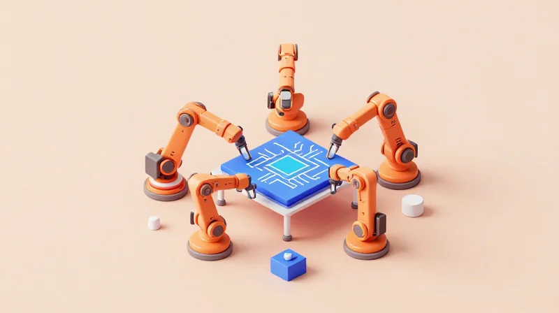 Isometric 3D model of a multilayered circuit board assembly process.