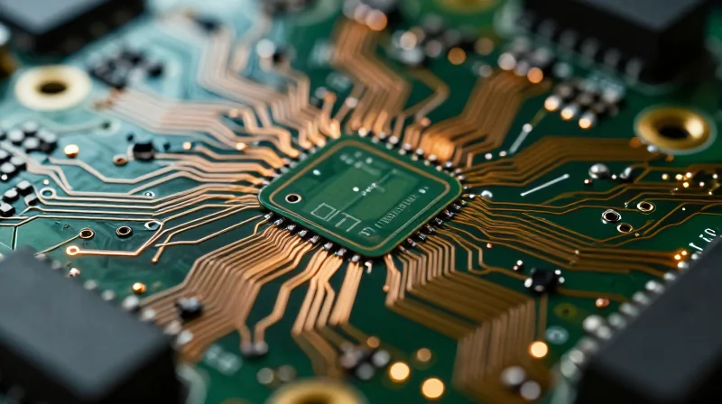 A close-up of a high-speed PCB showing detailed copper traces with glowing signal paths