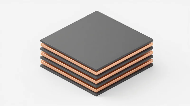 Isometric 3D view of a multi-layer PCB stack-up with different material layers