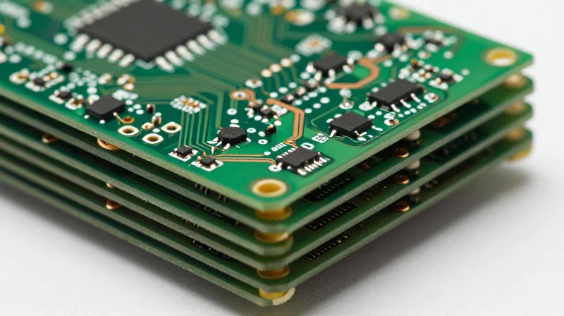 Macro view of multi-layered PCB structure showing precise dielectric and copper layers