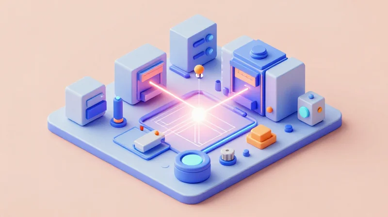 Isometric view of high-precision laser manufacturing process on a circuit board