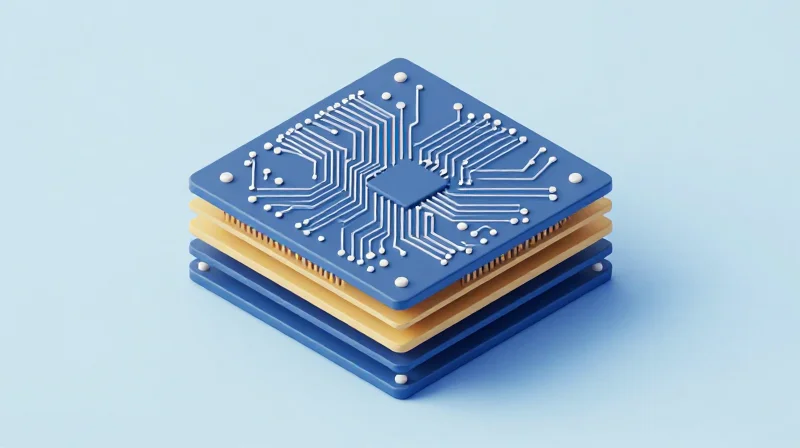 Isometric view of a complex high-density interconnect circuit board showing multi-layered structure.