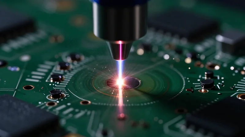 Concept art of a focused laser beam creating microscopic holes in a circuit board substrate.